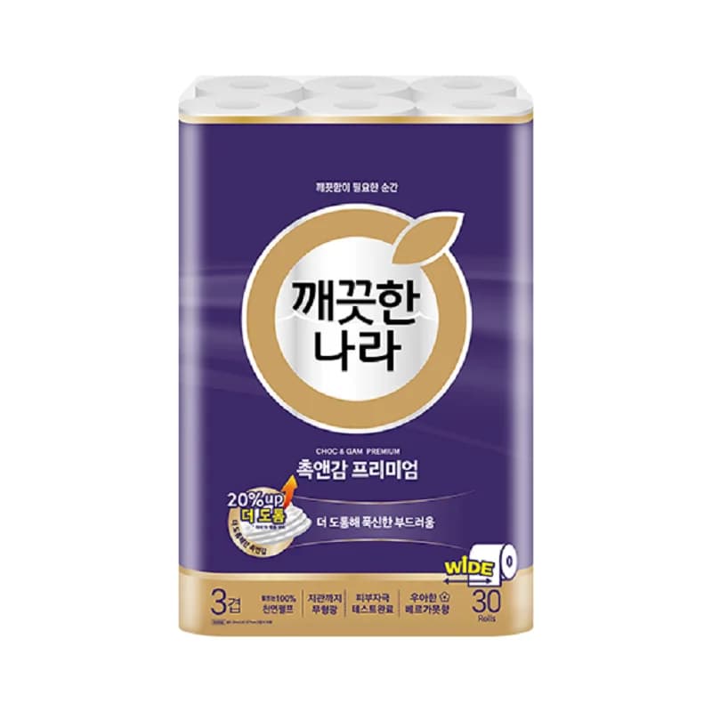 깨끗한나라 촉앤감케어 와이드 화장지 30m 30롤 1팩 (11875원)