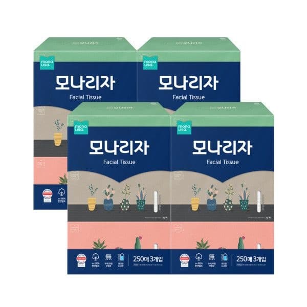 모나리자 미용티슈 250매 3입 4개 천연펄프 총 12개입 14,160원